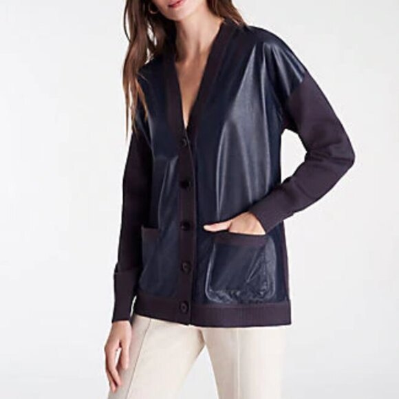 Ann Taylor Mixed Media Faux Leather Button Cardigan Sweater (NWT) - Picture 2 of 2